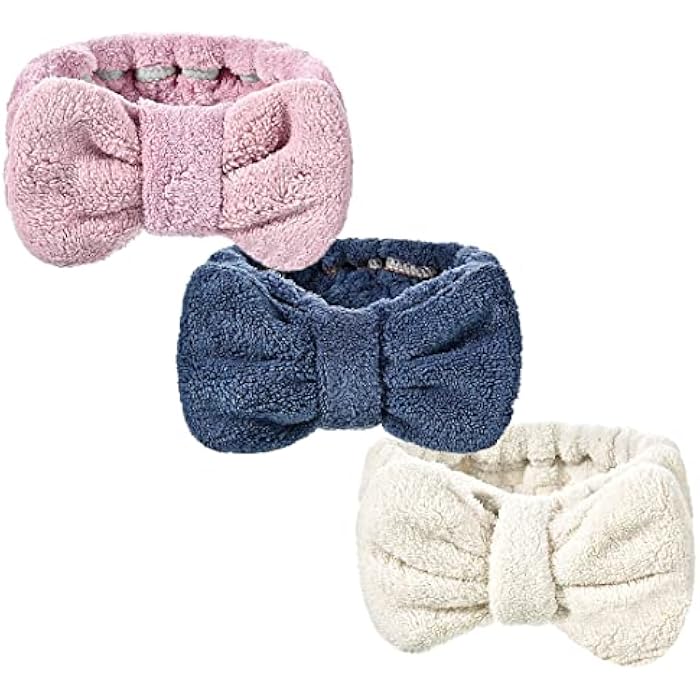 3 Pieces Towel Headband for Washing Face,Face Wash Headband Microfiber Bowtie Shower bath Headband Hair Band Makeup Spa Headband for Women and Girls (Blue,Pink,White) - Image 1